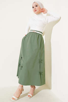 Fiyonk Süslemeli Bel Lastikli Etek Haki - Uzun Etek