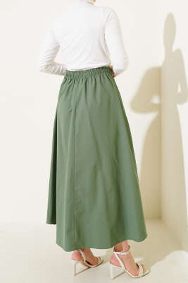 Fiyonk Süslemeli Bel Lastikli Etek Haki - Uzun Etek