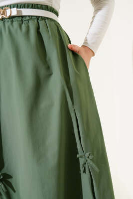 Fiyonk Süslemeli Bel Lastikli Etek Haki - Uzun Etek