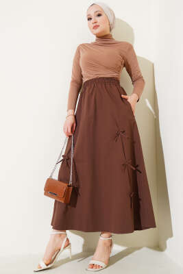 Fiyonk Süslemeli Bel Lastikli Etek Kahve - Uzun Etek