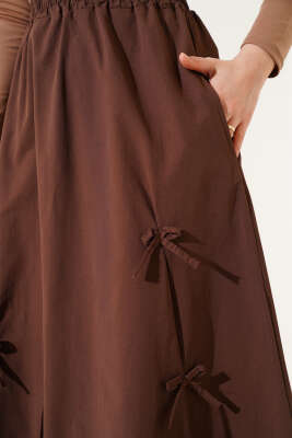 Fiyonk Süslemeli Bel Lastikli Etek Kahve - Uzun Etek