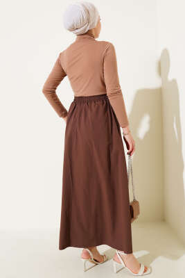 Fiyonk Süslemeli Bel Lastikli Etek Kahve - Uzun Etek