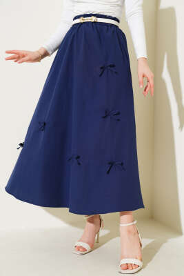 Fiyonk Süslemeli Bel Lastikli Etek Lacivert - NEVA MODA