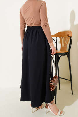 Fiyonk Süslemeli Bel Lastikli Etek Siyah - Uzun Etek