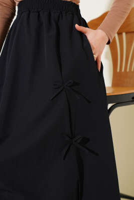 Fiyonk Süslemeli Bel Lastikli Etek Siyah - Uzun Etek