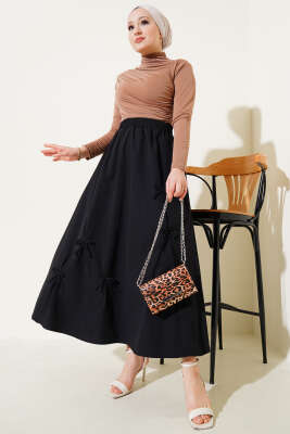 Fiyonk Süslemeli Bel Lastikli Etek Siyah - Uzun Etek