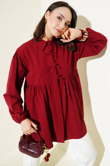 Fiyonk Süslemeli Büzgülü Gömlek Bordo - Gömlek