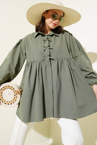 Fiyonk Süslemeli Büzgülü Gömlek Haki - Gömlek