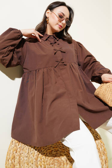 Fiyonk Süslemeli Büzgülü Gömlek Kahve - Gömlek