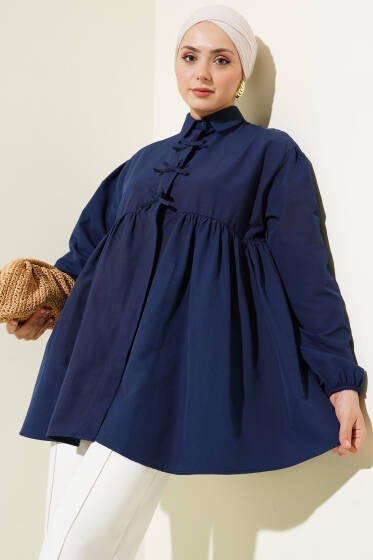 Fiyonk Süslemeli Büzgülü Gömlek Lacivert - Gömlek