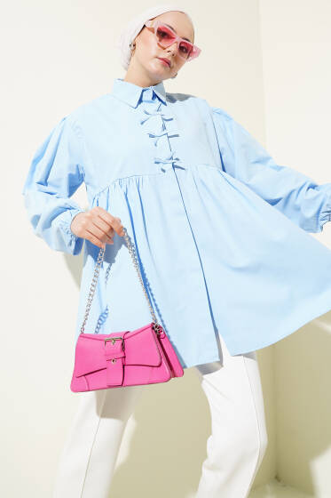 Fiyonk Süslemeli Büzgülü Gömlek Mavi - Gömlek