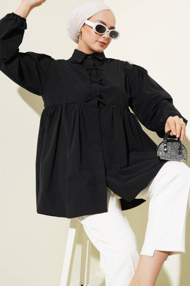 Fiyonk Süslemeli Büzgülü Gömlek Siyah - Gömlek