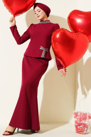 Fiyonk Taş Süslemeli Etekli İkili Takım Bordo - İkili Takım