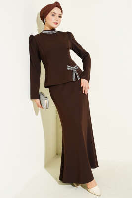 Fiyonk Taş Süslemeli Etekli İkili Takım Kahve - CNR TEKSTİL