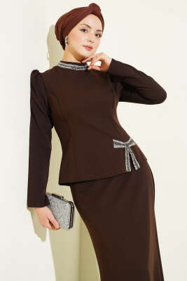 Fiyonk Taş Süslemeli Etekli İkili Takım Kahve - İkili Takım