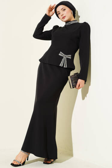 Fiyonk Taş Süslemeli Etekli İkili Takım Siyah - İkili Takım
