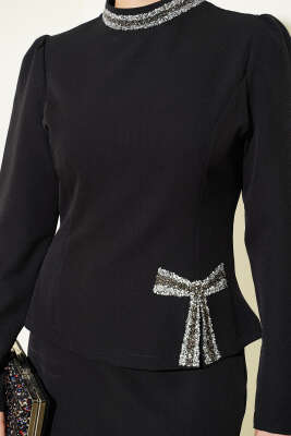 Fiyonk Taş Süslemeli Etekli İkili Takım Siyah - İkili Takım