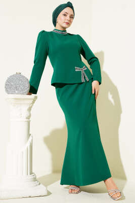 Fiyonk Taş Süslemeli Etekli İkili Takım Yeşil - İkili Takım