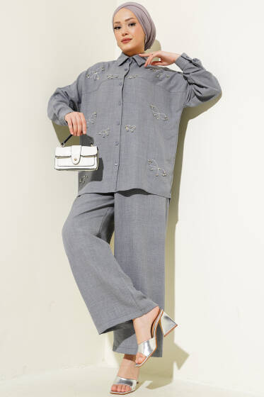 Fiyonk Taşlı Oversize İkili Takım Gri - İkili Takım
