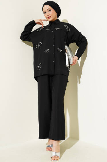 Fiyonk Taşlı Oversize İkili Takım Siyah - İkili Takım