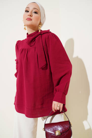 Fiyonk Yaka Müslin Tunik Bordo - Tunik