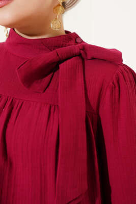 Fiyonk Yaka Müslin Tunik Bordo - Tunik