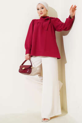 Fiyonk Yaka Müslin Tunik Bordo - Tunik