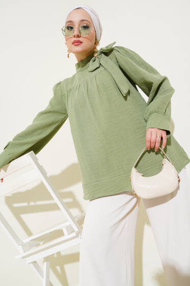Fiyonk Yaka Müslin Tunik Çağla Yeşili - Tunik