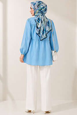 Fiyonklu Büzgülü Gömlek Bebe Mavi - Gömlek