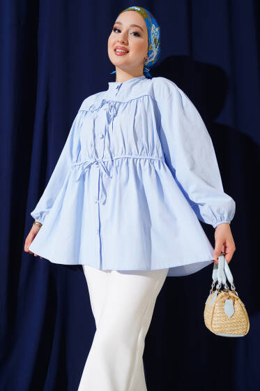 Fiyonklu Büzgülü Gömlek Mavi - Gömlek
