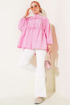 Fiyonklu Büzgülü Gömlek Pembe - 500-700 TL Ürünler