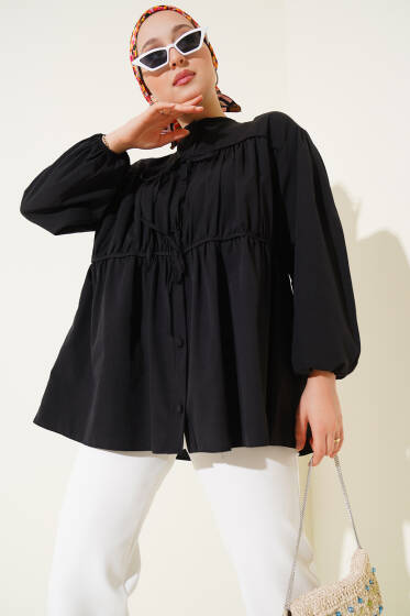 Fiyonklu Büzgülü Gömlek Siyah - Gömlek