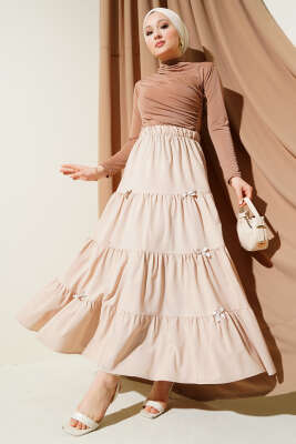 Fiyonklu Çingene Etek Bej - Uzun Etek