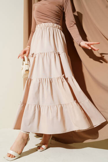 Fiyonklu Çingene Etek Bej - Uzun Etek