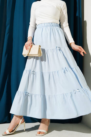 Fiyonklu Çingene Etek Buz Mavisi - Uzun Etek