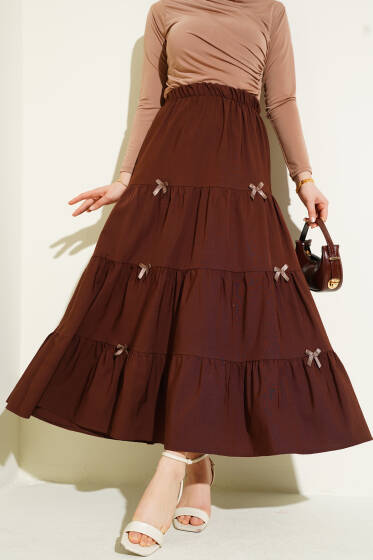 Fiyonklu Çingene Etek Kahve - Uzun Etek