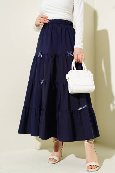 Fiyonklu Çingene Etek Lacivert - Uzun Etek