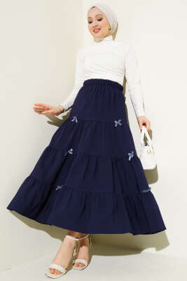Fiyonklu Çingene Etek Lacivert - Uzun Etek
