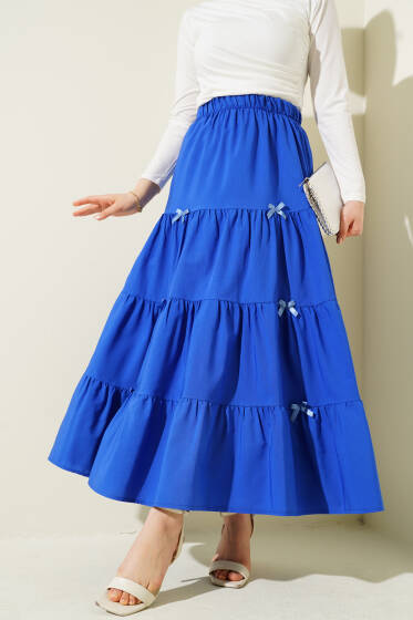 Fiyonklu Çingene Etek Saks - Uzun Etek