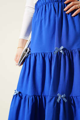 Fiyonklu Çingene Etek Saks - Uzun Etek