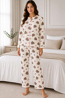 Fiyonklu Desenli Pijama Takımı Asorti 13 - HEPYEK BASIC