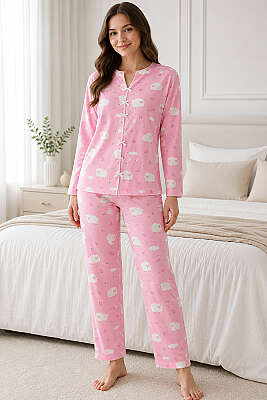 Fiyonklu Desenli Pijama Takımı Asorti 3 - HEPYEK BASIC