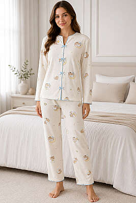 Fiyonklu Desenli Pijama Takımı Asorti 7 - HEPYEK BASIC