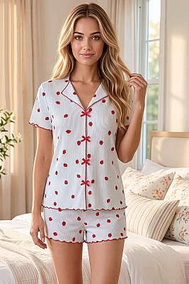 Fiyonklu Desenli Şortlu Pijama Takımı Beyaz - MANOLYA