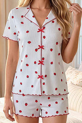 Fiyonklu Desenli Şortlu Pijama Takımı Beyaz - Pijama