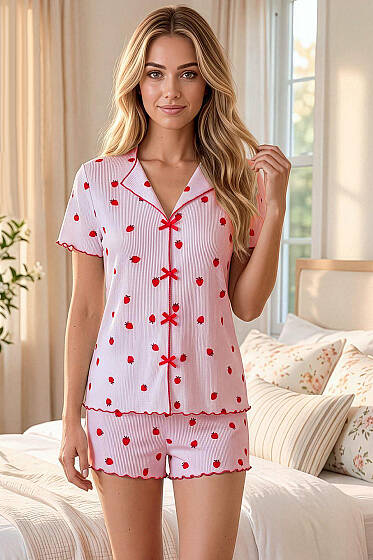 Fiyonklu Desenli Şortlu Pijama Takımı Pembe - Pijama