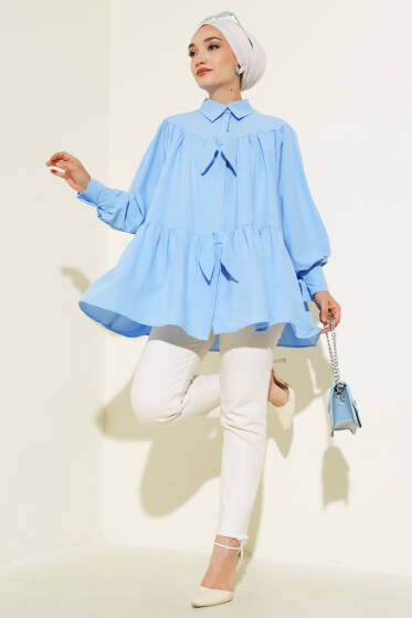 Fiyonklu Fırfırlı Gömlek Buz Mavisi - Gömlek
