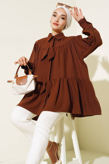 Fiyonklu Fırfırlı Gömlek Kahve - Gömlek