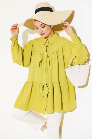 Fiyonklu Fırfırlı Gömlek Yağ Yeşili - Gömlek