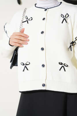 Fiyonklu Fırfırlı Kısa Triko Hırka Beyaz - Triko Hırka